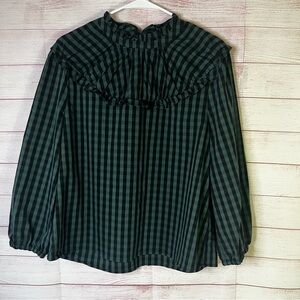 Draper James RSVP Green and Black Ruffle Neck Plaid Top Size Large